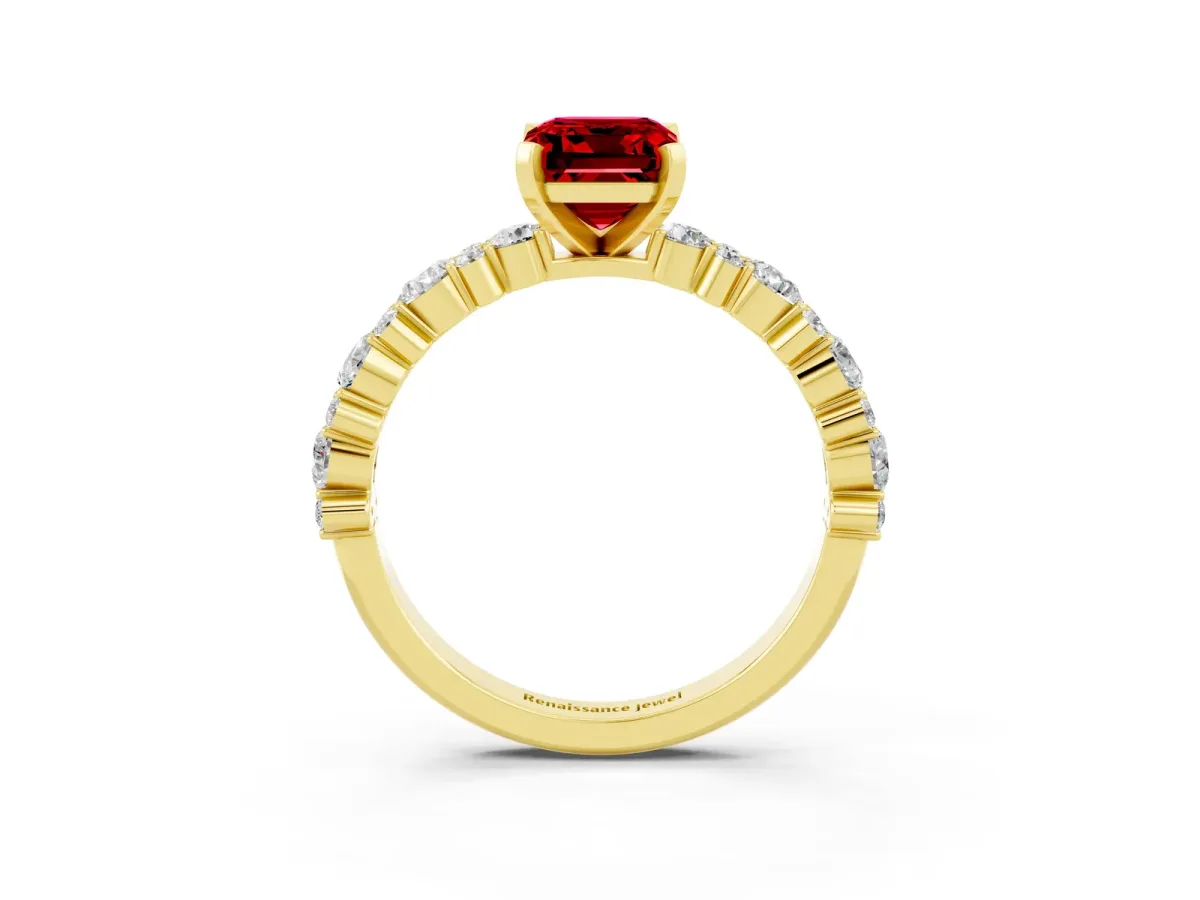 Emerald Cut Ruby Side Stone Solitaire Ring with Round and Four-Prong Setting Yellow gold