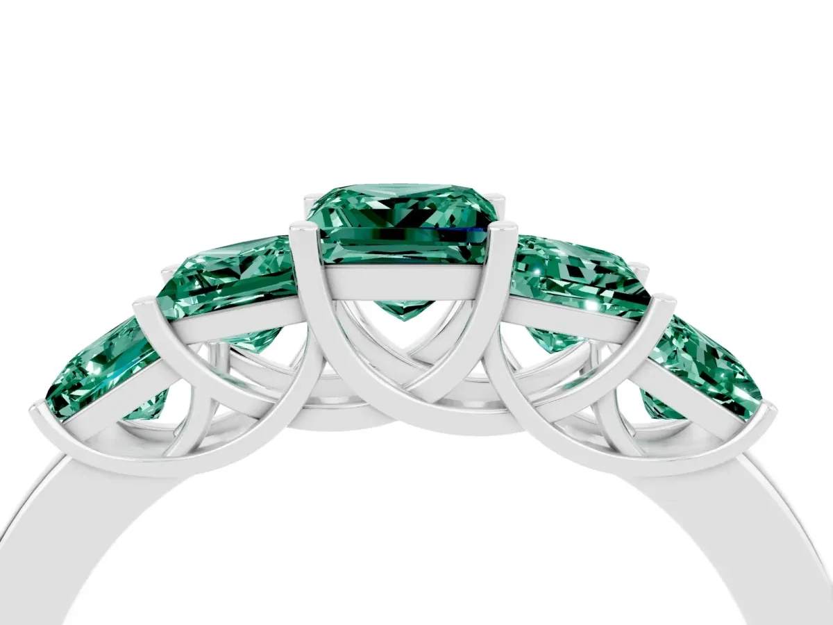 Princess Cut Five-Stone Green Sapphire Ring with Classic Prong Setting Platinum