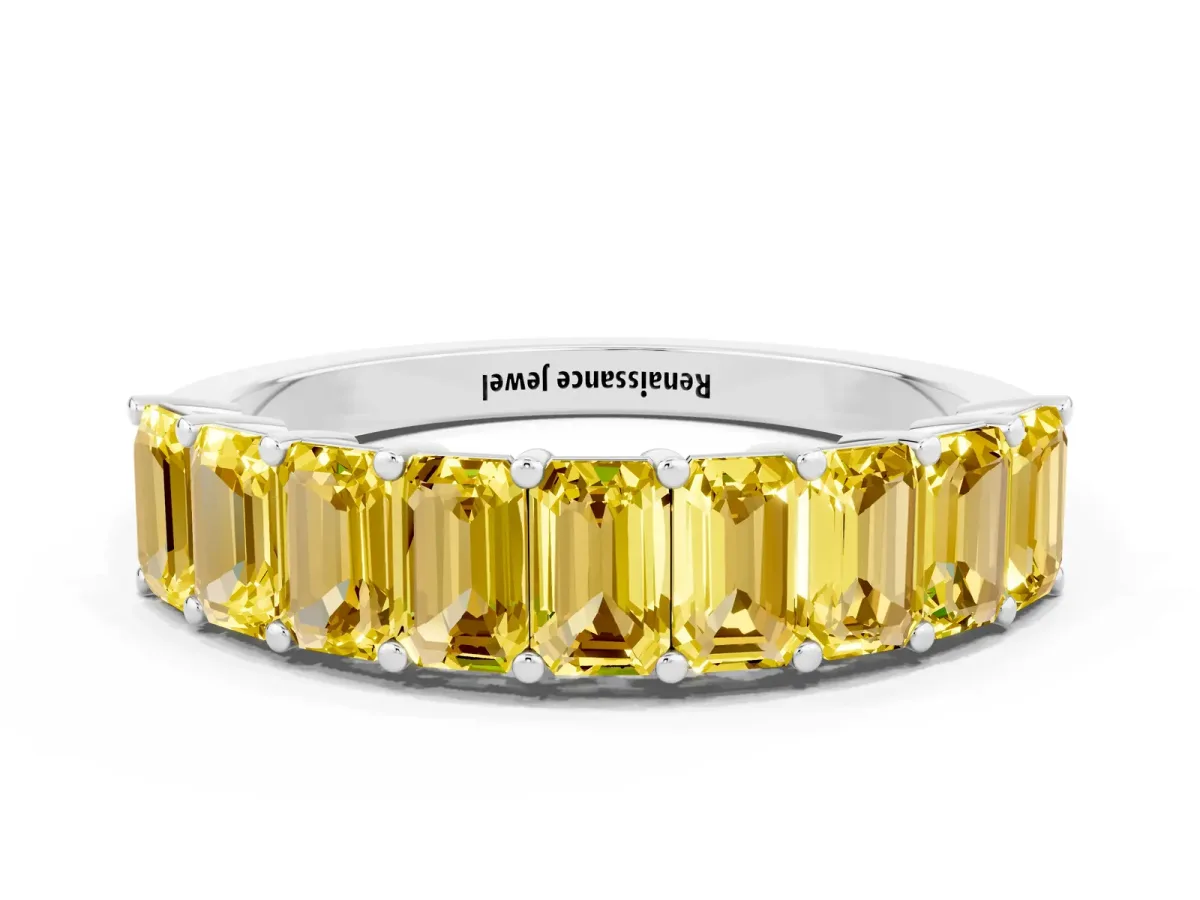 Emerald Cut Yellow Sapphire Prong-Set Eternity Band Silver