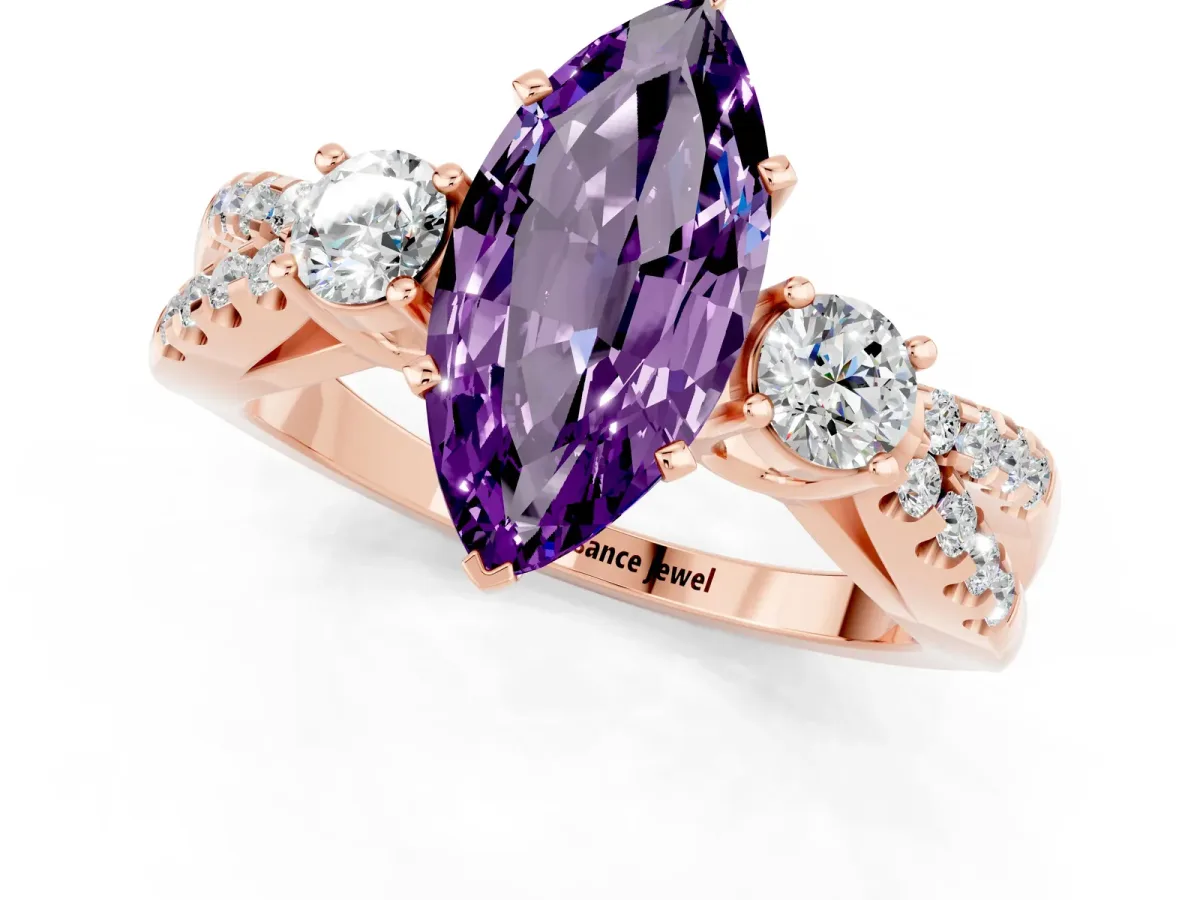 Marquise Cut Amethyst Three-Stone Ring with Pavé Split Shank and Four-Prong Setting Rose gold