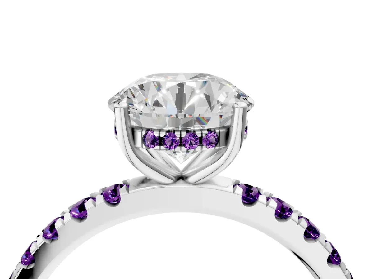 Round Cut Diamond Pave Band Solitaire Ring with Round Amethyst and Prong Setting Silver