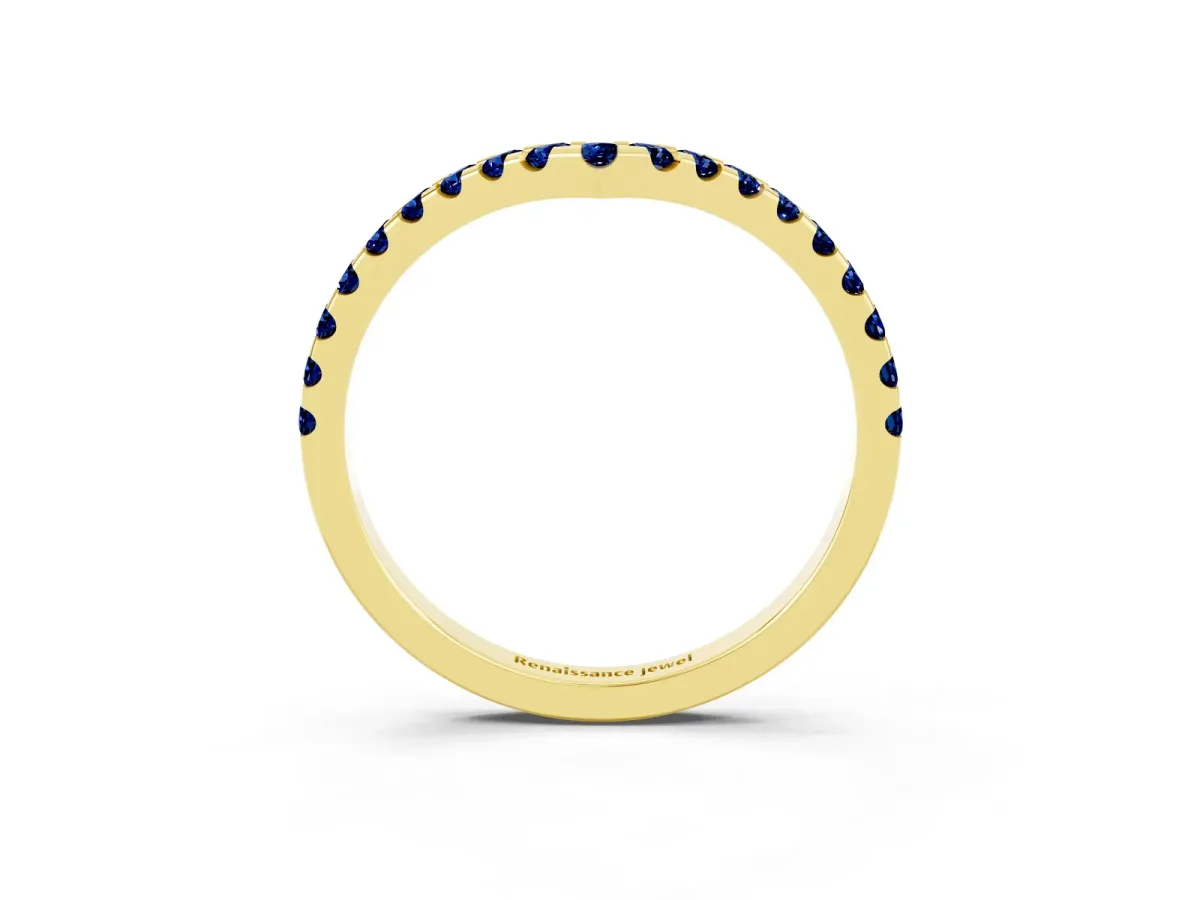 Pavé Round Blue Sapphire Chevron Band with Shared Prong Setting Yellow gold