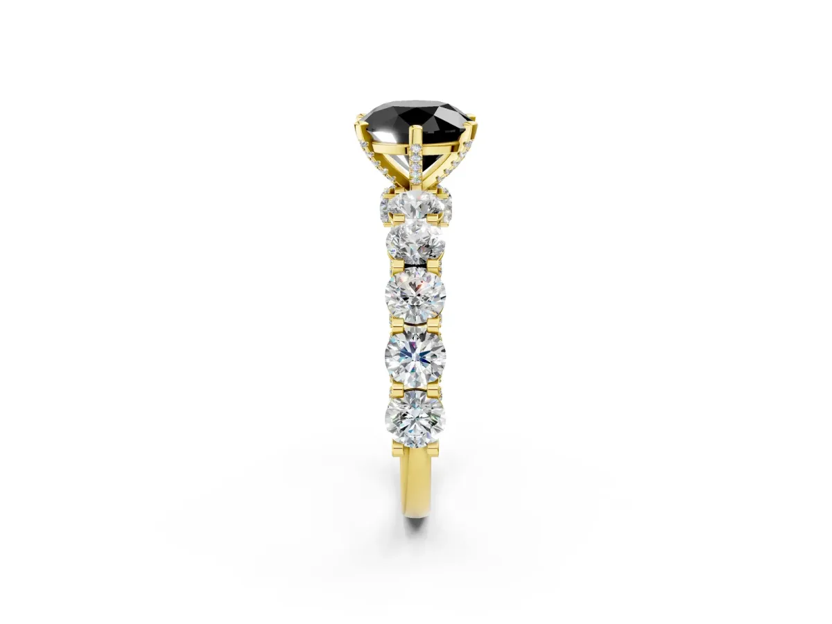 Fancy Black Round Cut Diamond Side Stone Engagement Ring with Four-Prong Setting Yellow gold