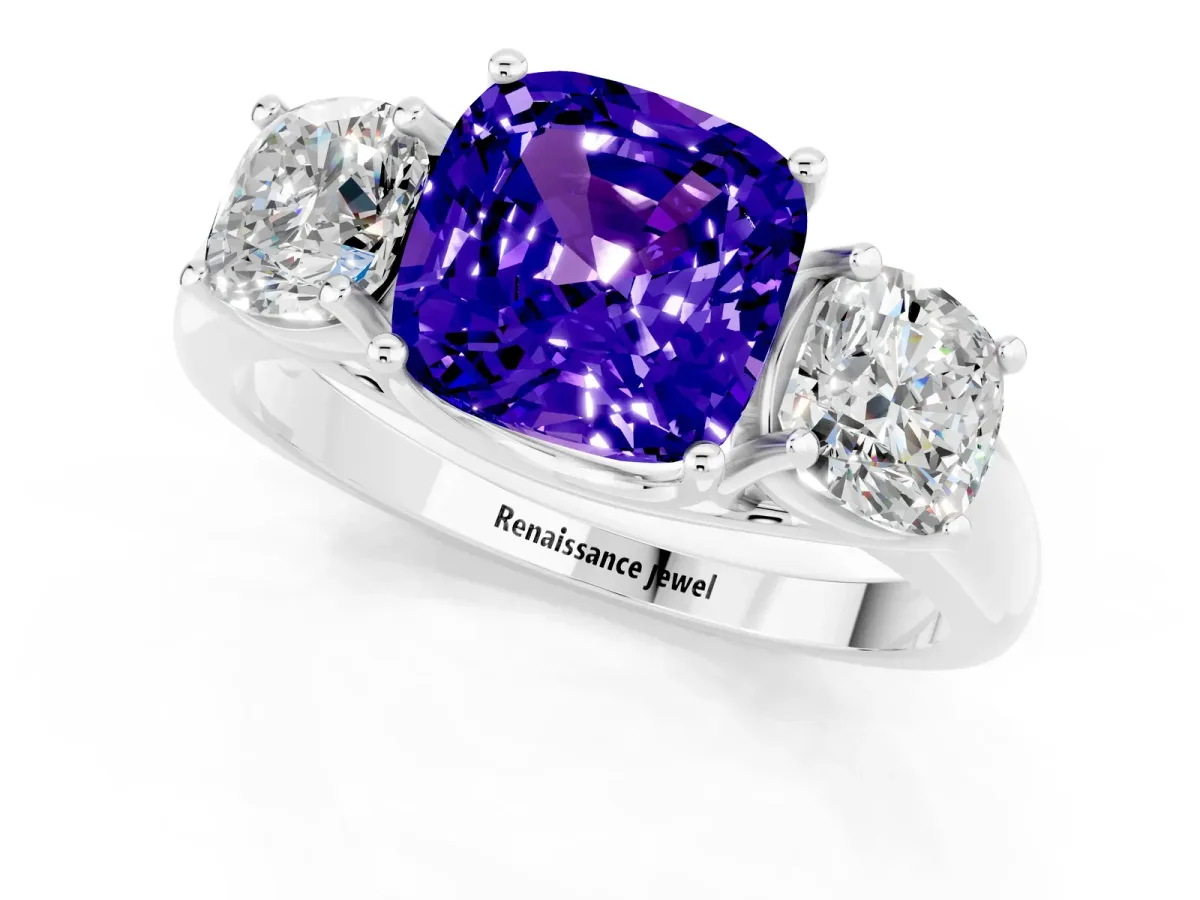 Three-Stone Cushion Cut Tanzanite Engagement Ring with Prong Setting White gold
