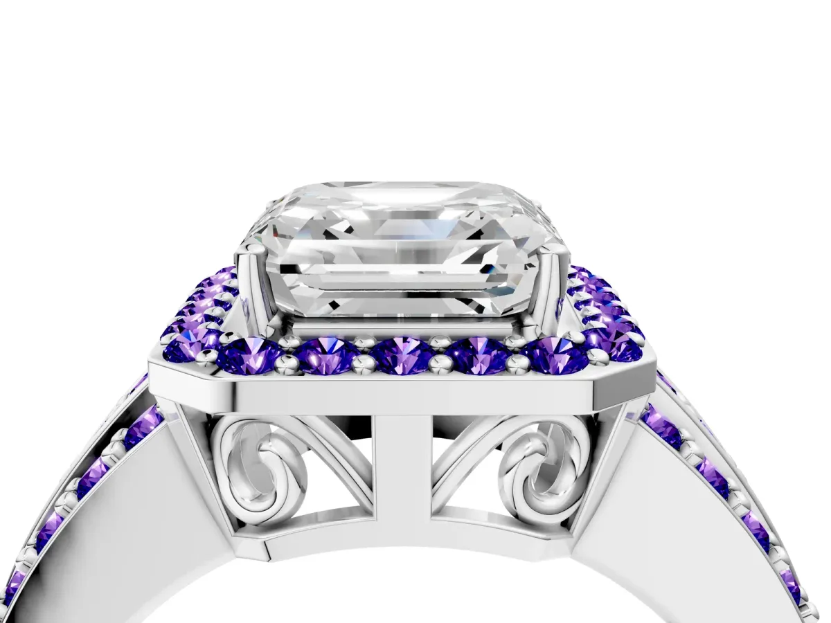 Asscher Cut Halo Diamond Ring with Round Tanzanite Split Shank and Prong Setting Platinum