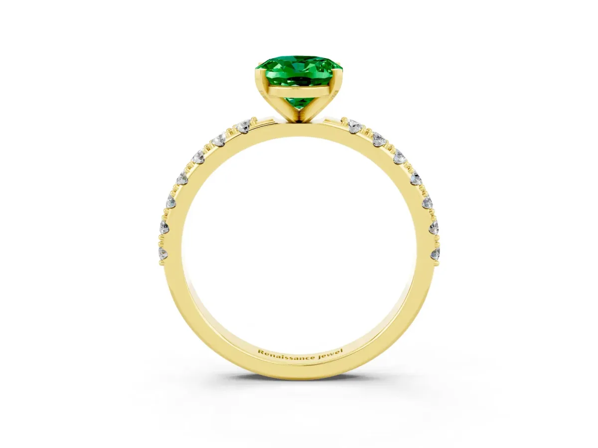 Oval Cut Emerald Solitaire Pavé Band with Four-Prong Setting Yellow gold