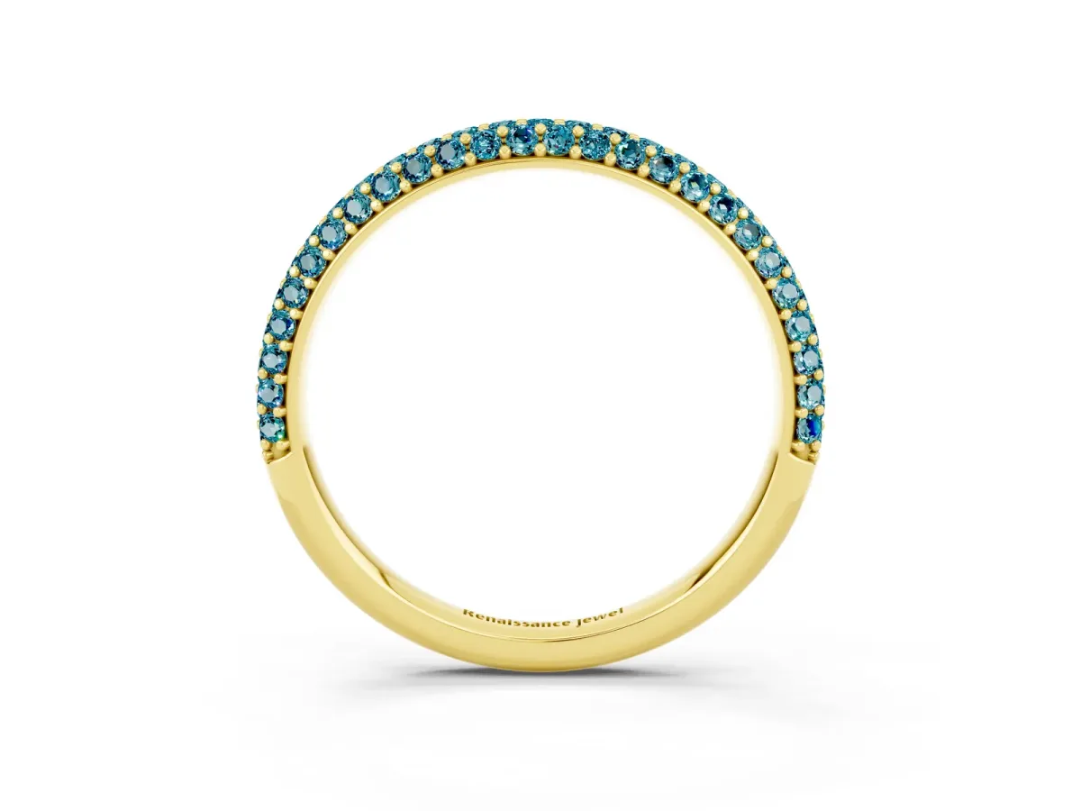 Round Blue Topaz Pavé Eternity Band with Shared Prong Setting Yellow gold