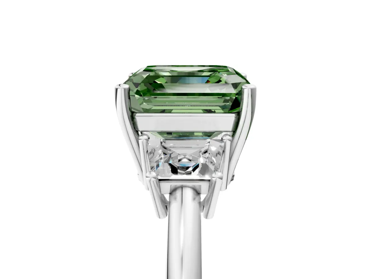 Fancy Green Asscher Cut Diamond Three-Stone Ring with Trapezoid Side Stones and Prong Setting Silver
