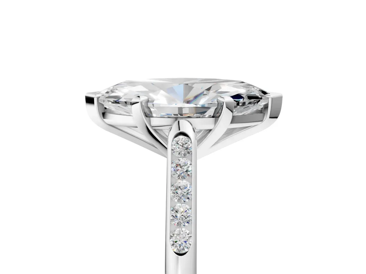 Marquise Cut Diamond Solitaire Ring with Channel Set Round Band and Prong Setting Silver