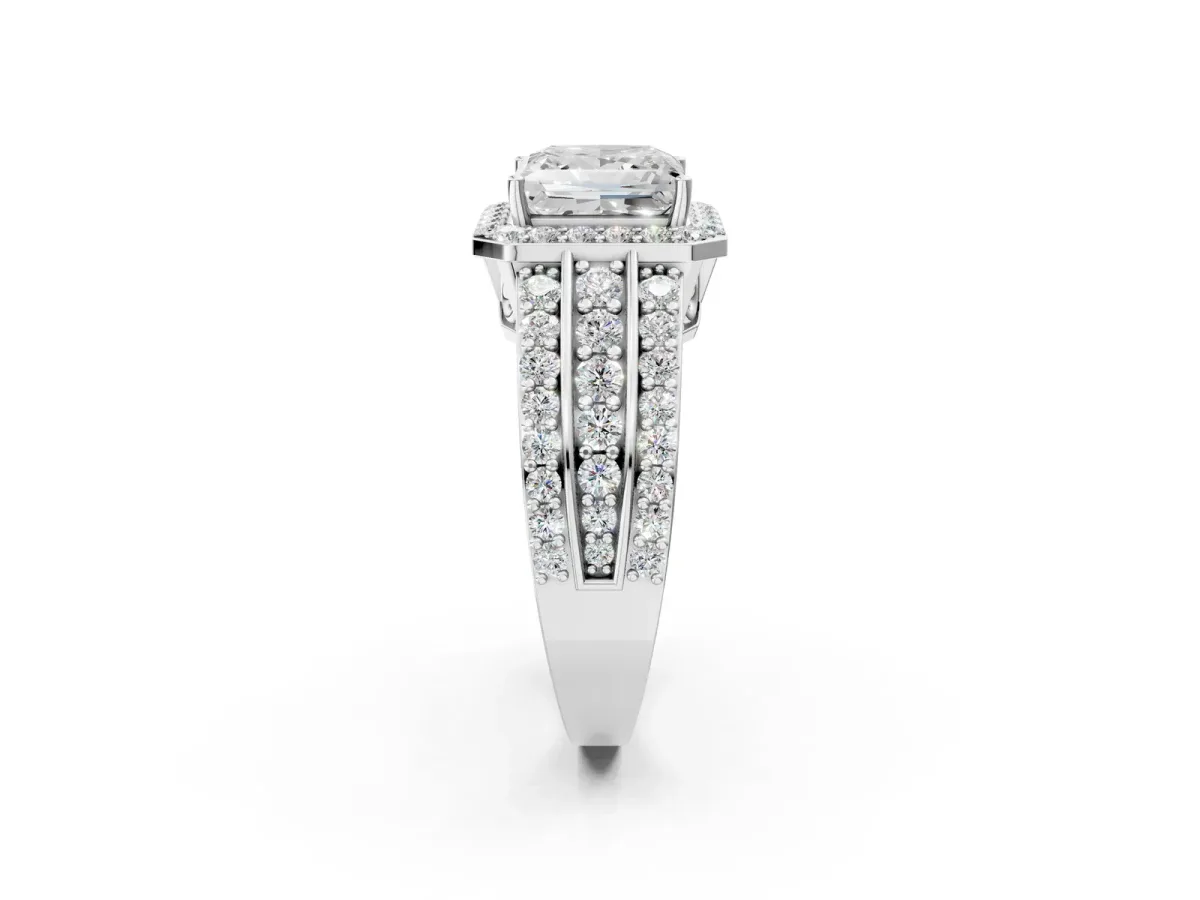 Princess Cut Halo Diamond Ring with Round Moissanite Split Shank and Prong Setting Silver