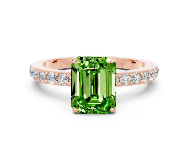 Emerald Cut Peridot Solitaire Engagement Ring with Pavé Band and Four-Prong Setting Rose gold