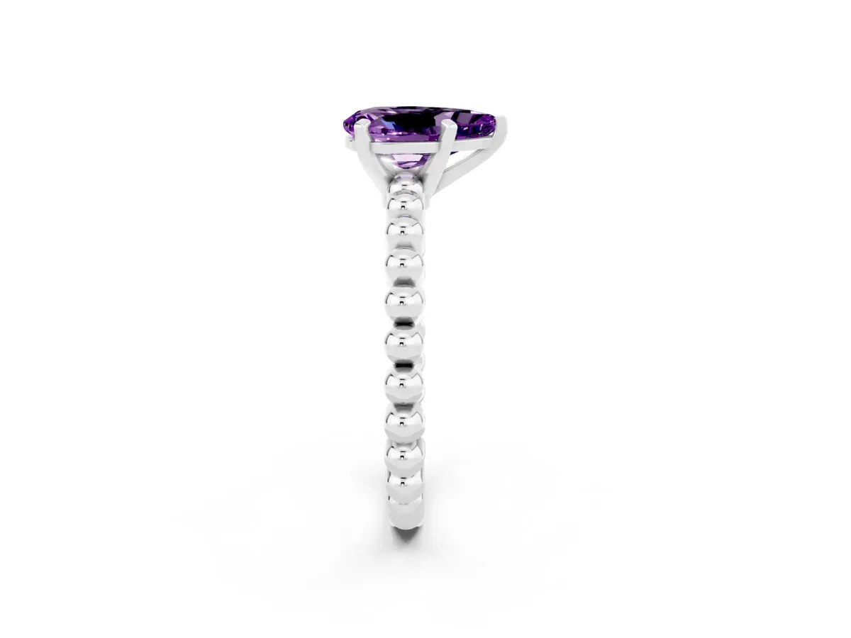 Pear Cut Amethyst Solitaire Ring with Beaded Band and Prong Setting White gold