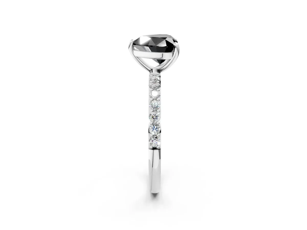 Fancy Black Heart Cut Diamond Solitaire Ring with Round Pavé Band and Prong Setting Silver