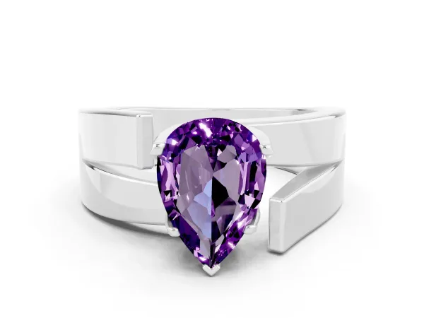 Modern Tension Set Pear Cut Amethyst Solitaire Wide Band Ring Platinum