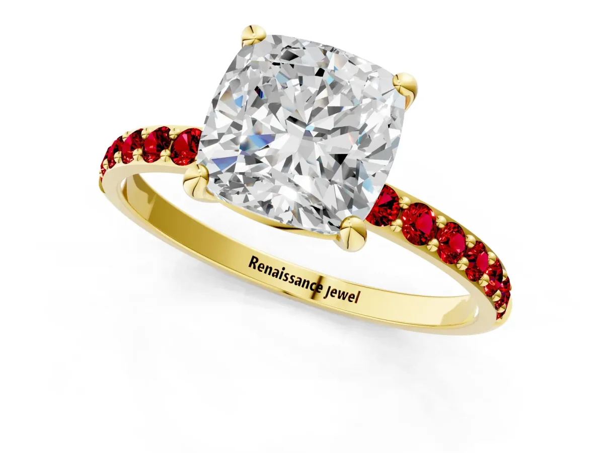 Cushion Cut Diamond Solitaire Ring with Round Ruby Pavé Band and Prong Setting Yellow gold