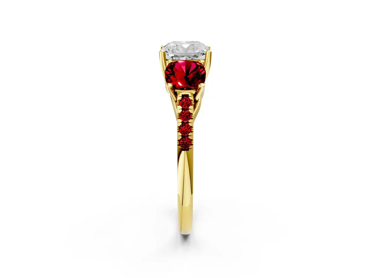 Three-Stone Cushion Cut Diamond Ring with Round Ruby Pavé Band and Prong Setting Yellow gold