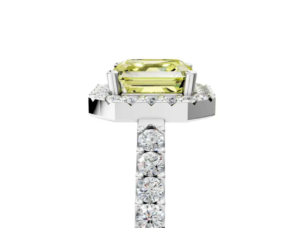 Fancy Yellow Asscher Cut Halo Diamond Pavé Solitaire Ring Platinum