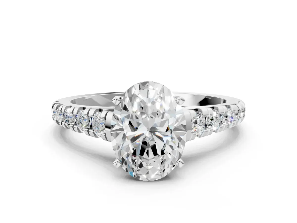 Oval Cut Diamond Cathedral Solitaire Ring with Round Moissanite Pavé Band Silver