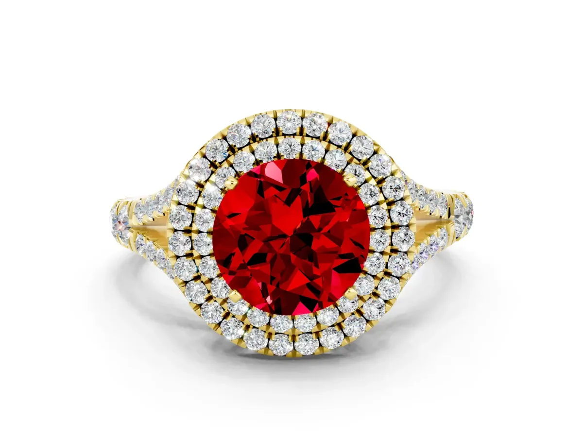 Round Cut Ruby Double Halo Ring with Split Shank and Prong Setting Yellow gold