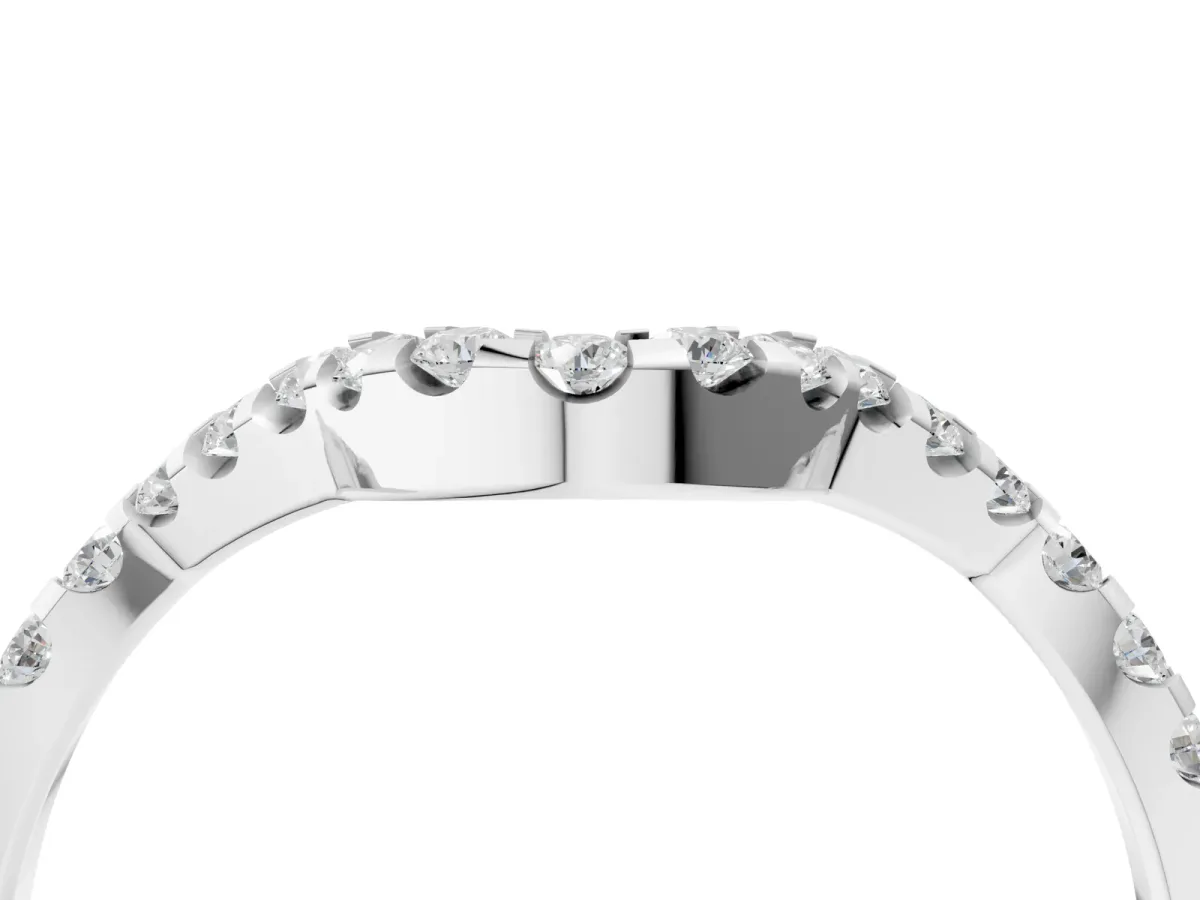 Round Diamond Pavé Chevron Wedding Band with Prong Setting Silver