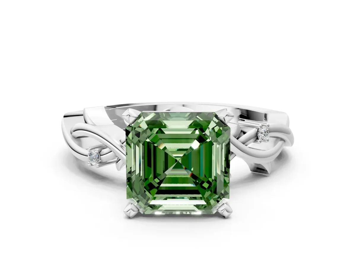 Fancy Green Asscher Cut Diamond Solitaire Ring with Twisted Band and Prong Setting Silver