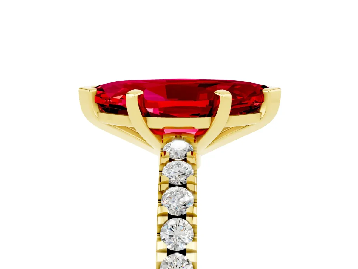 Marquise Cut Solitaire Ruby with Pavé Band and Four-Prong Setting Yellow gold
