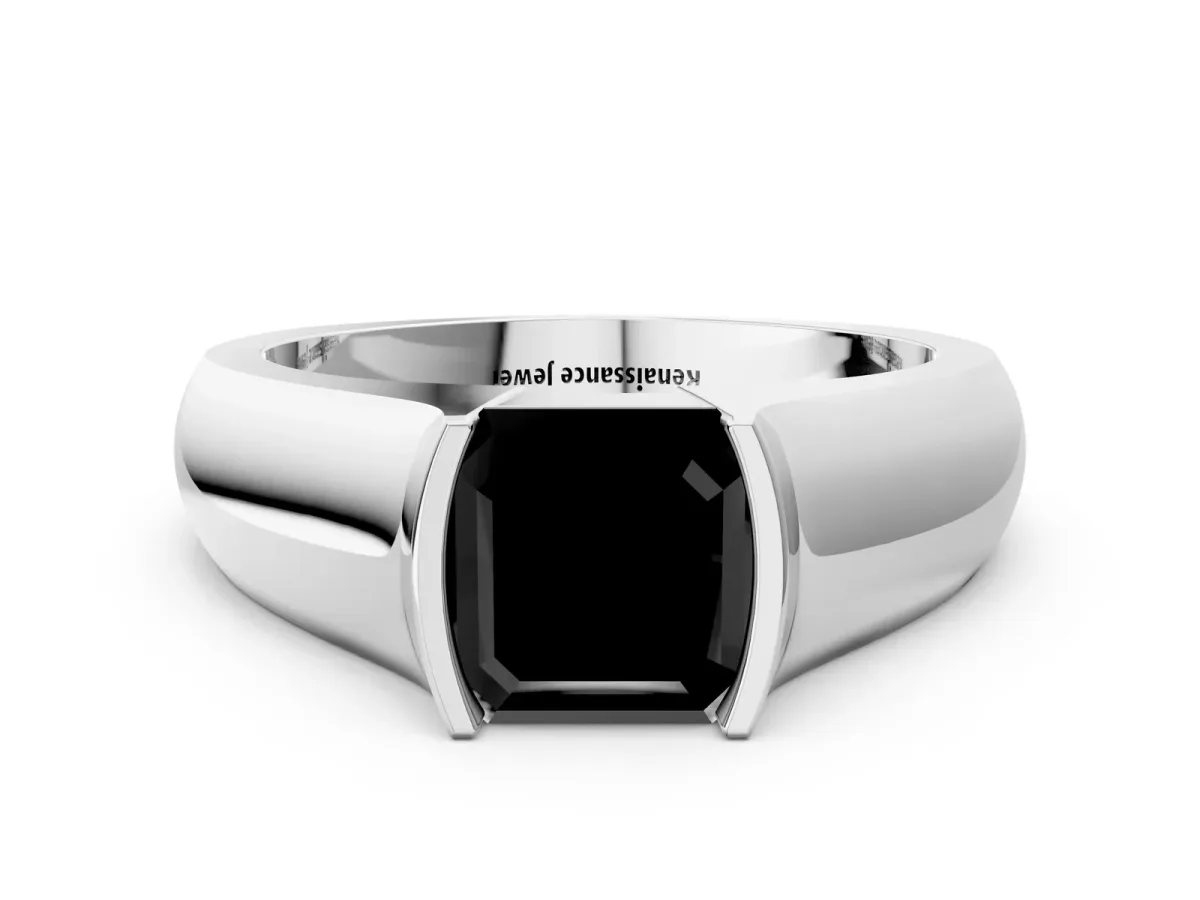 Fancy Black Asscher Cut Solitaire Bezel Set Diamond Ring with Wide Band Platinum