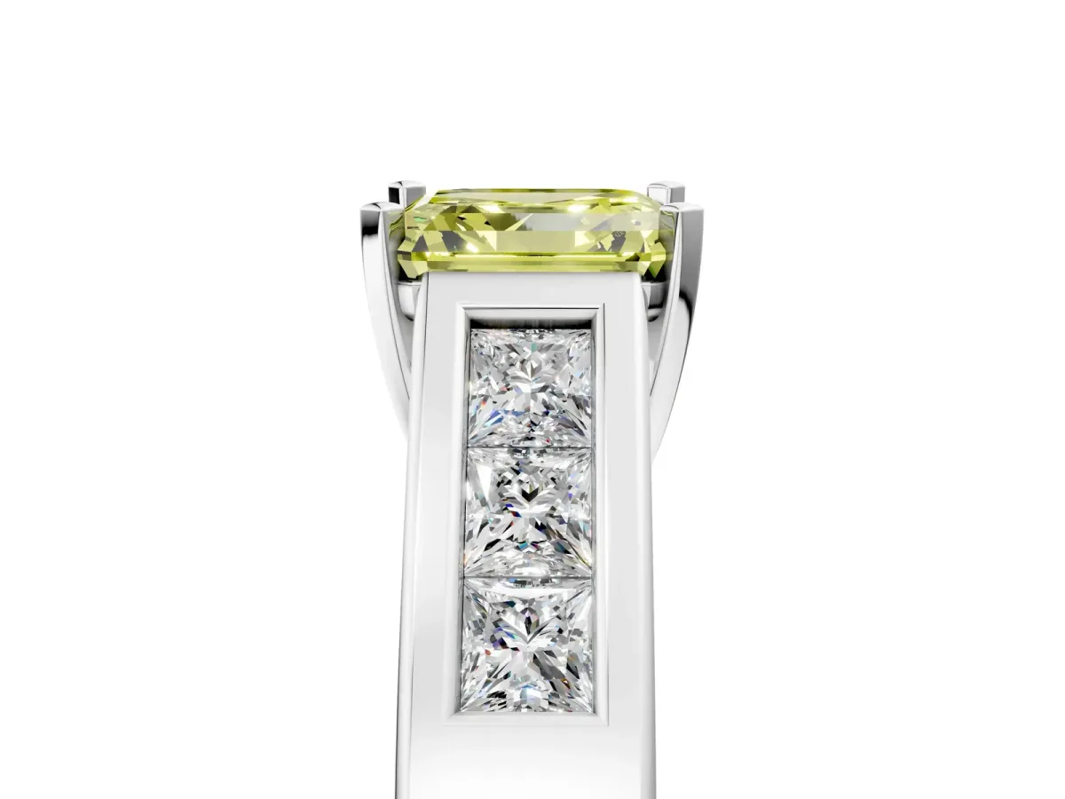 Fancy Yellow Asscher Cut Cut Channel Set Solitaire Ring with Four-Prong Setting Platinum