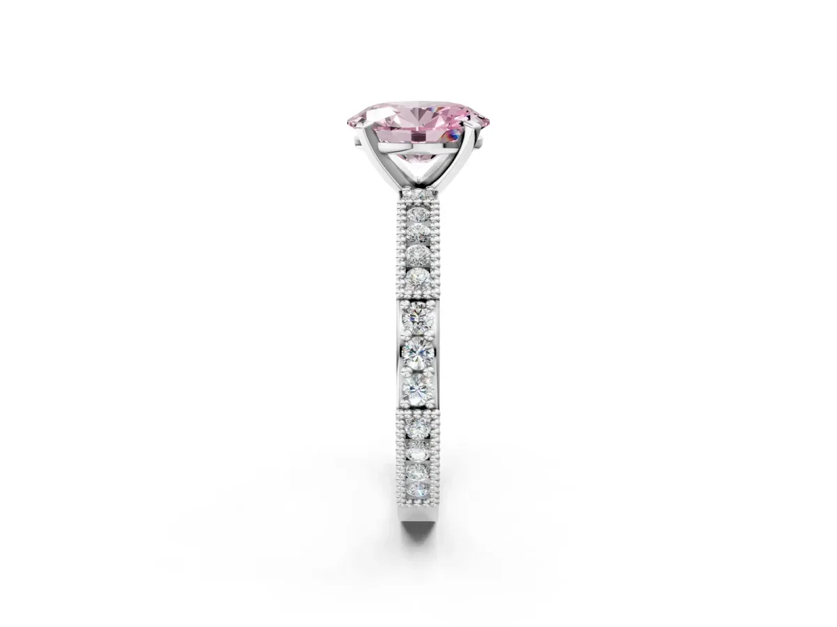Fancy Pink Oval Cut Solitaire with Pavé Band and Four-Prong Setting Silver