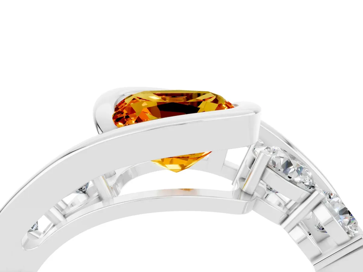 Bezel Set Cushion Cut Citrine Bypass Ring with Round Accents Silver
