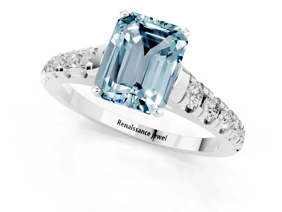 Emerald Cut Aquamarine Cathedral Solitaire Ring with Round Pavé Band Silver