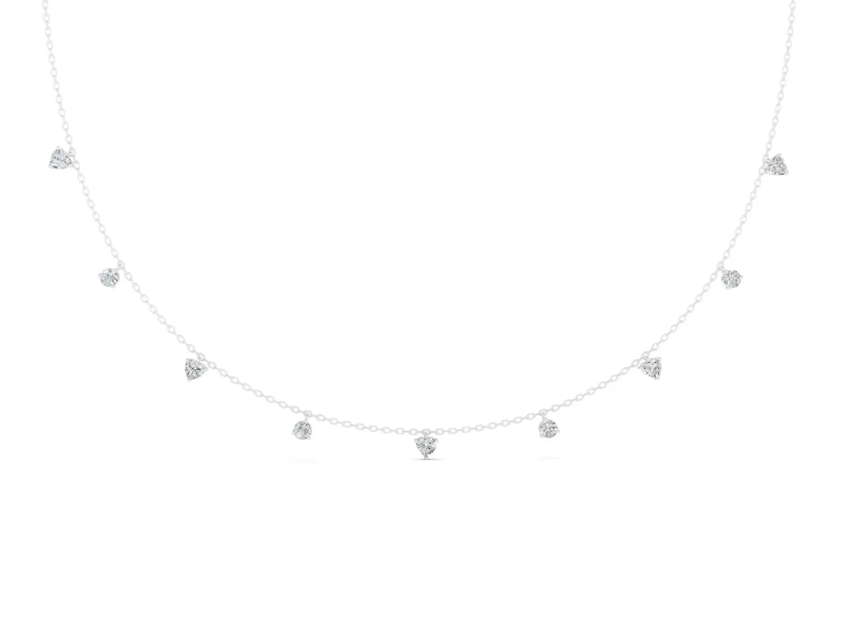Heart and Round Diamond Station Necklace White gold