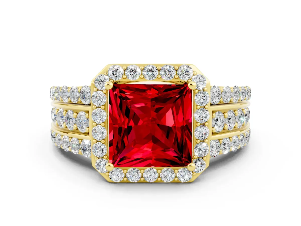 Princess Cut Halo Ruby Ring with Round Split Shank and Prong Setting Yellow gold