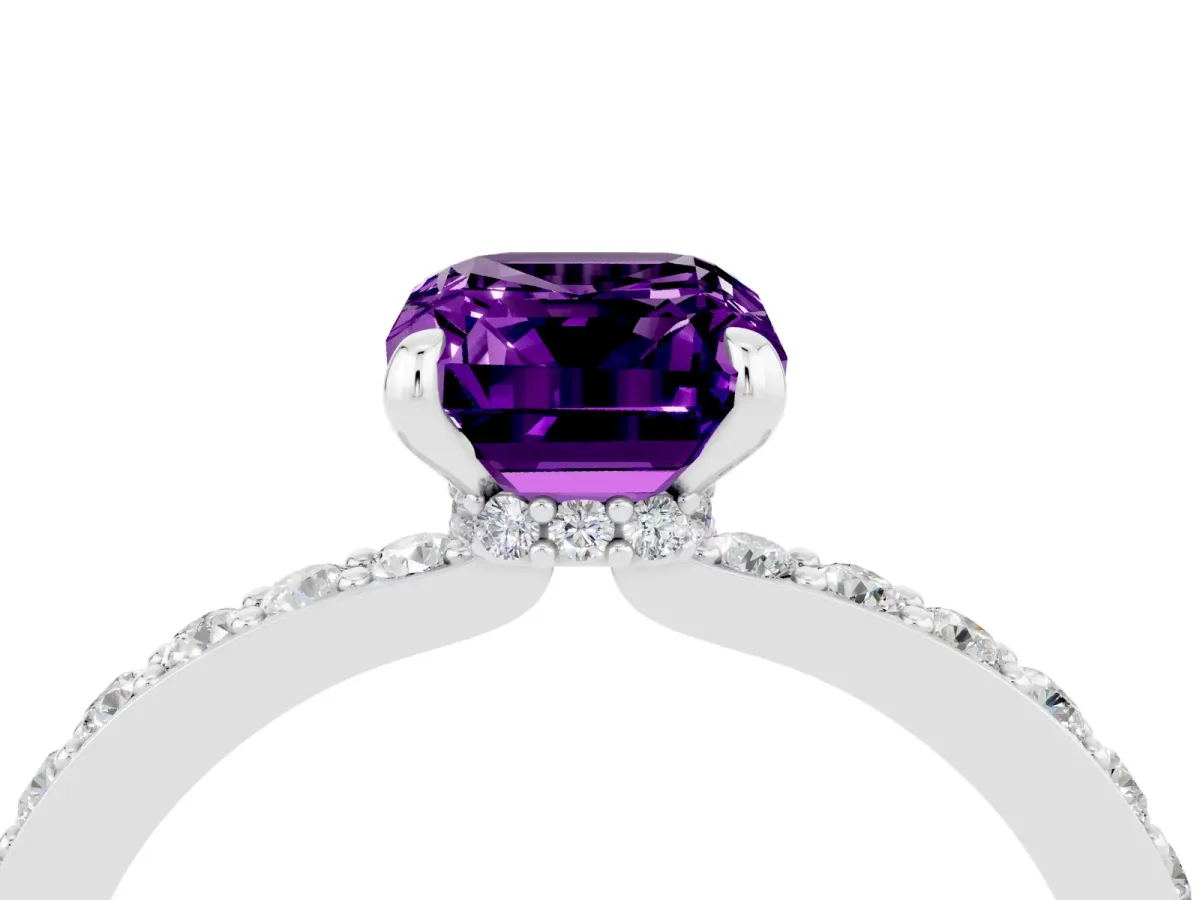 Emerald Cut Amethyst Solitaire Engagement Ring with Pavé Band and Four-Prong Setting Silver