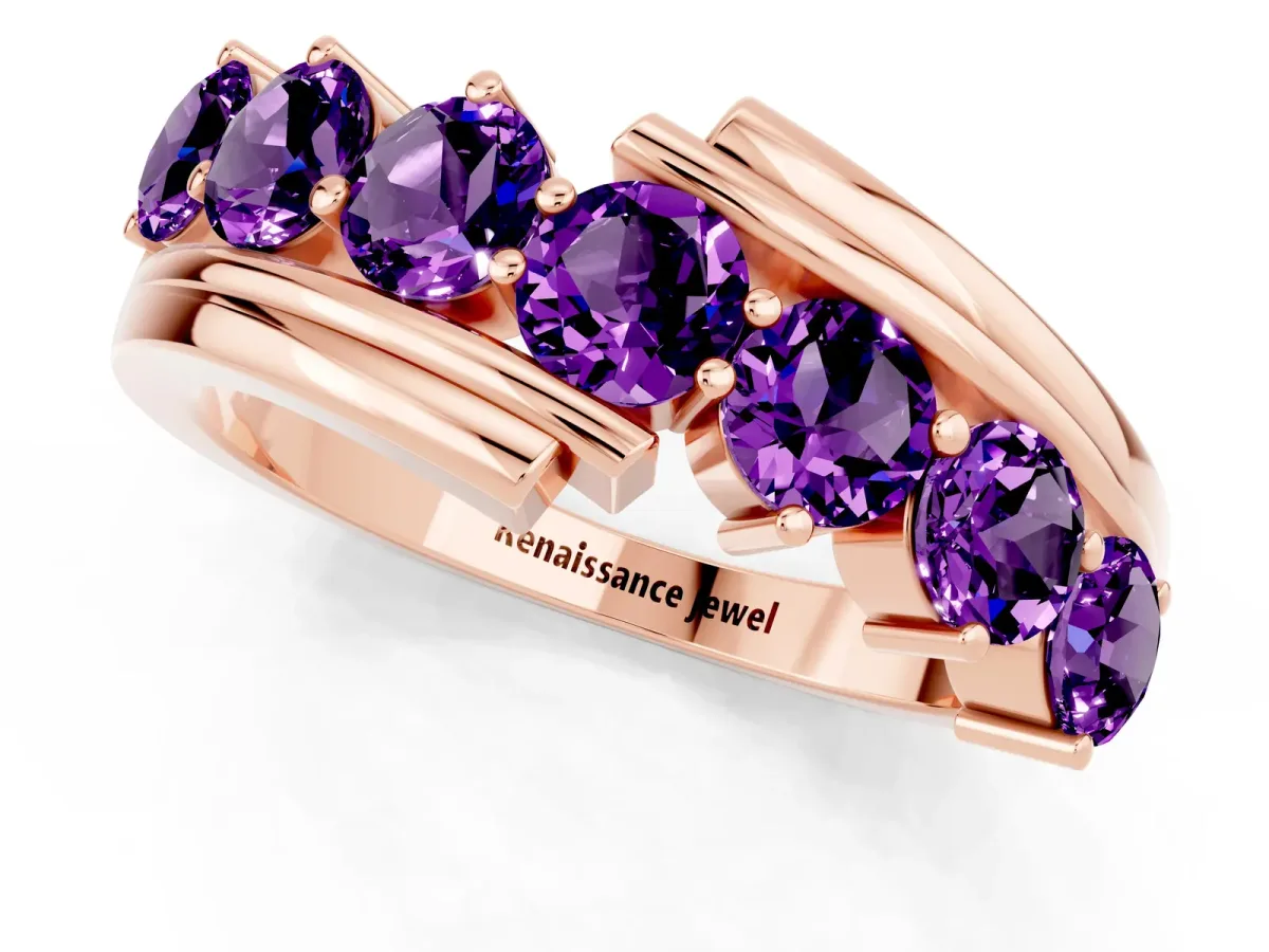 Round Amethyst Wave Band with Channel and Shared Prong Setting Rose gold