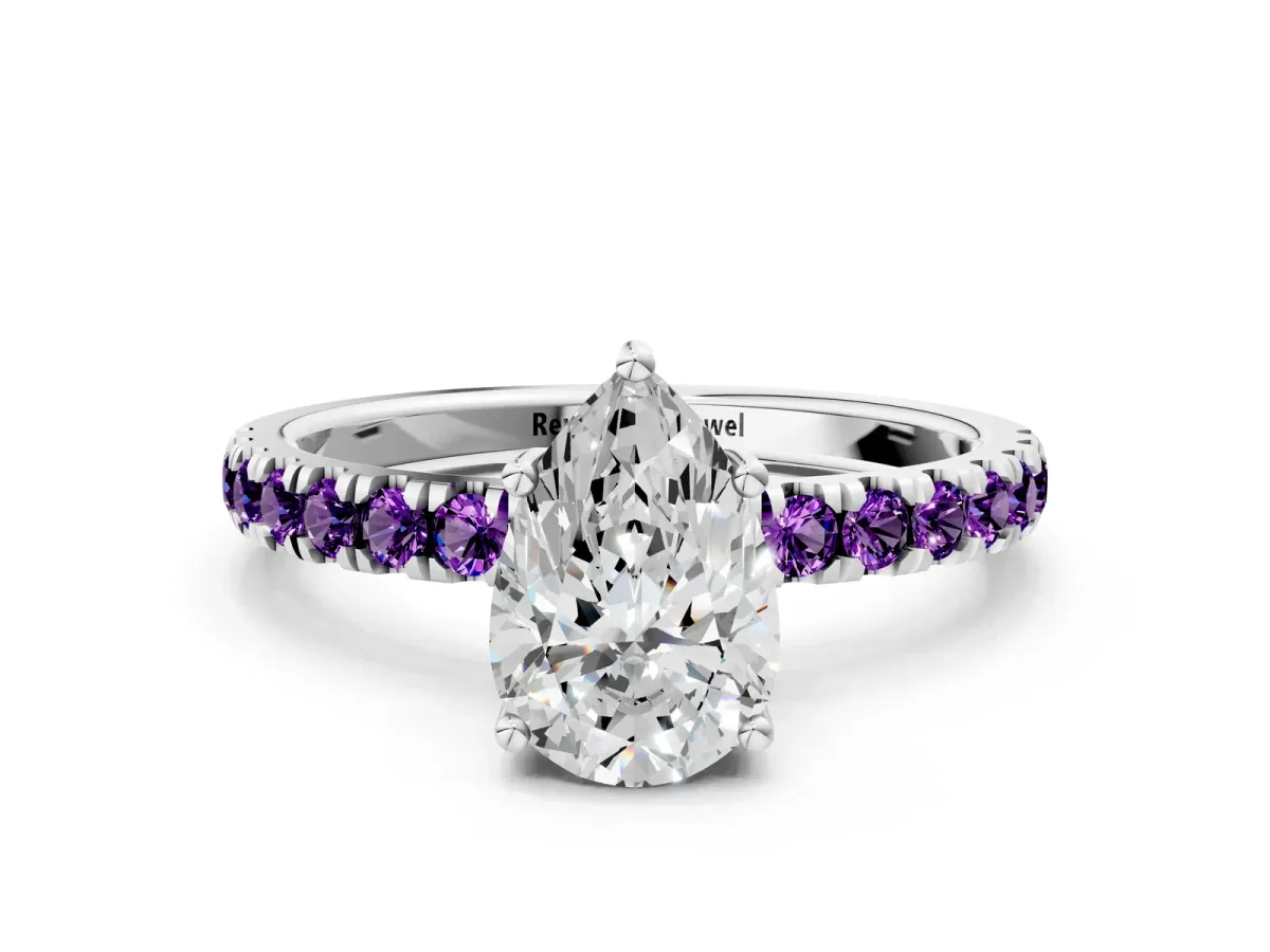 Pear Cut Diamond Pave Band Solitaire Ring with Round Amethyst and Prong Setting Platinum