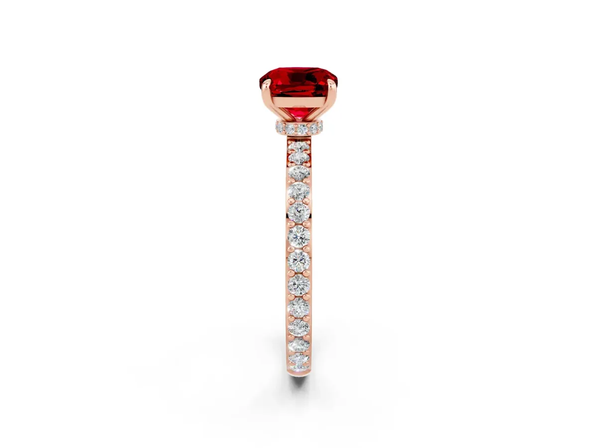Cushion Cut Ruby Solitaire Engagement Ring with Pavé Band and Four-Prong Setting Rose gold