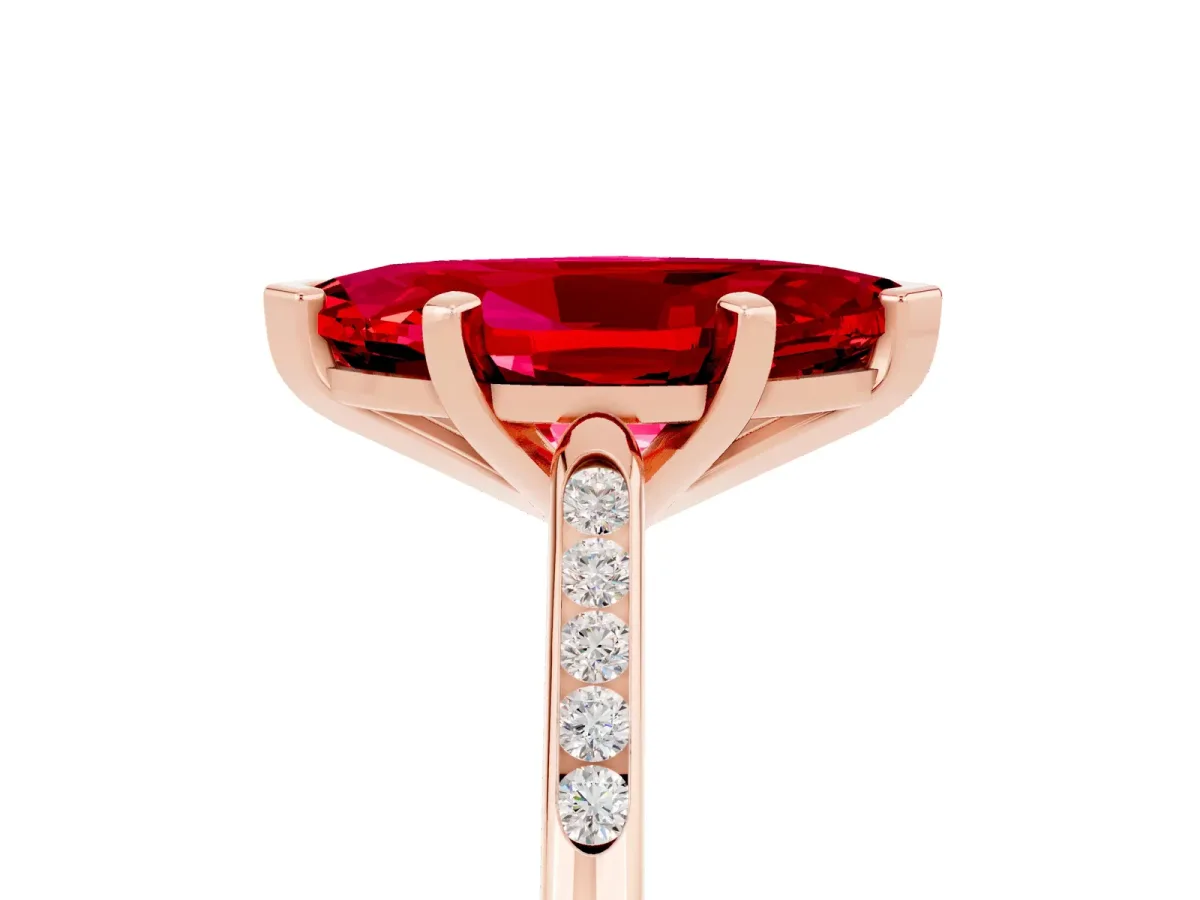 Marquise Cut Ruby Solitaire Ring with Channel Set Round Band and Prong Setting Rose gold
