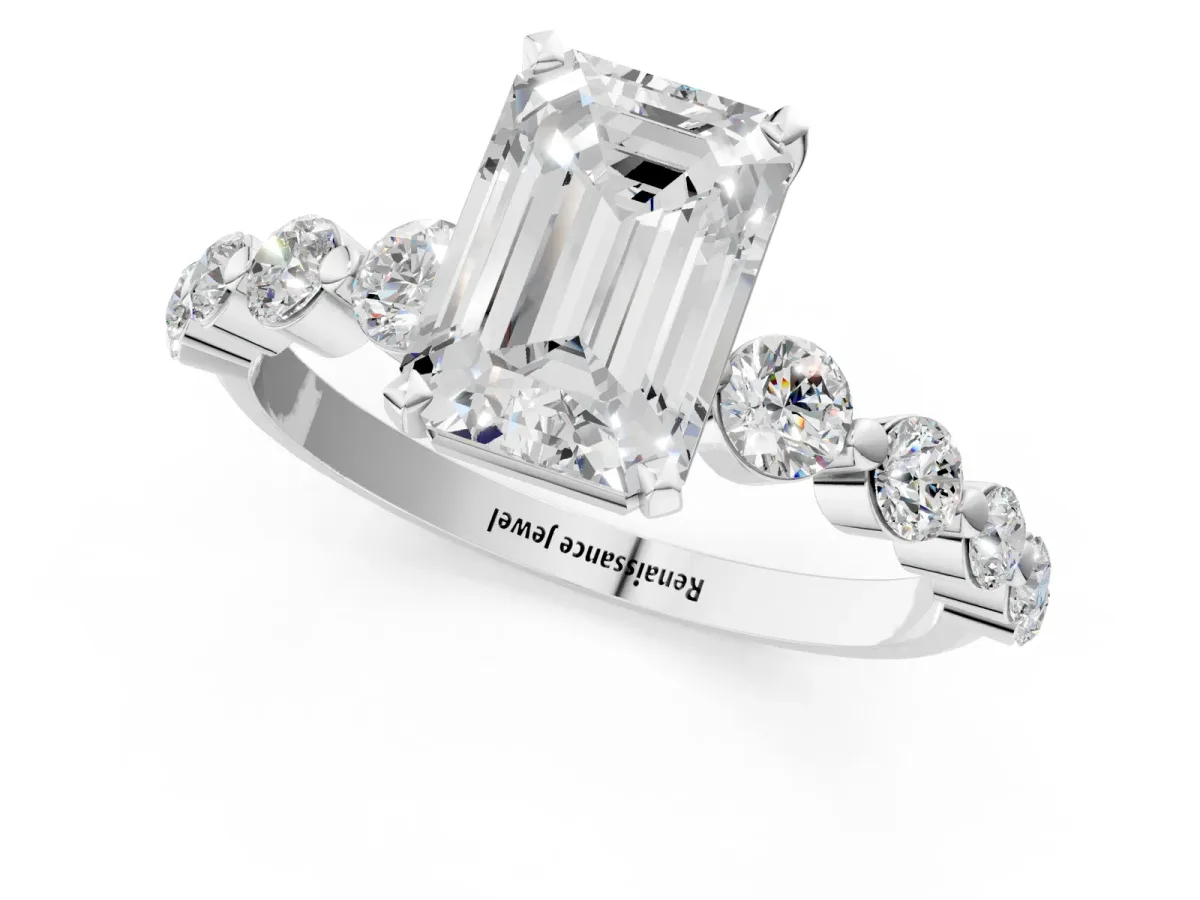 Emerald Cut Solitaire Diamond Ring with Pave Band and Four-Prong Setting Platinum
