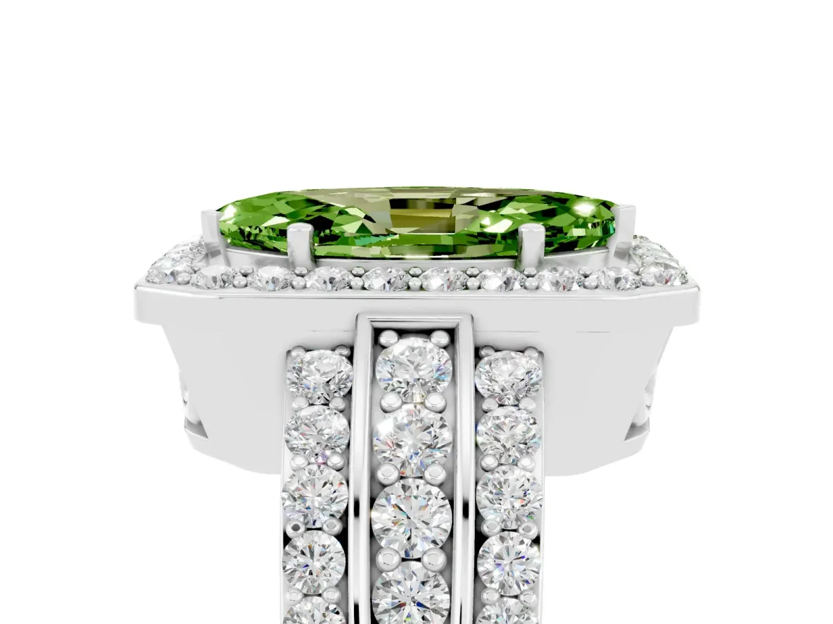 Marquise Cut Halo Peridot Ring with Round Split Shank and Prong Setting Platinum