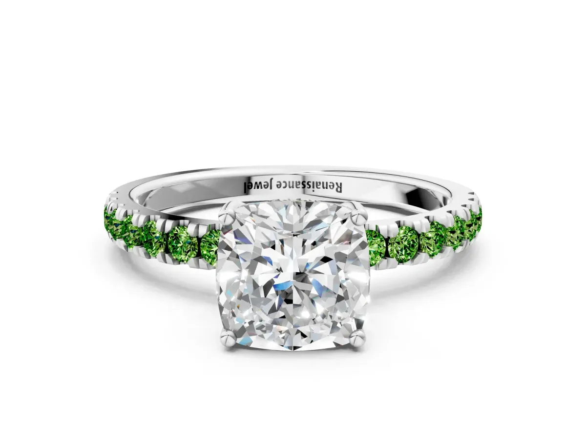 Cushion Cut Diamond Pave Band Solitaire Ring with Round Peridot and Prong Setting Silver