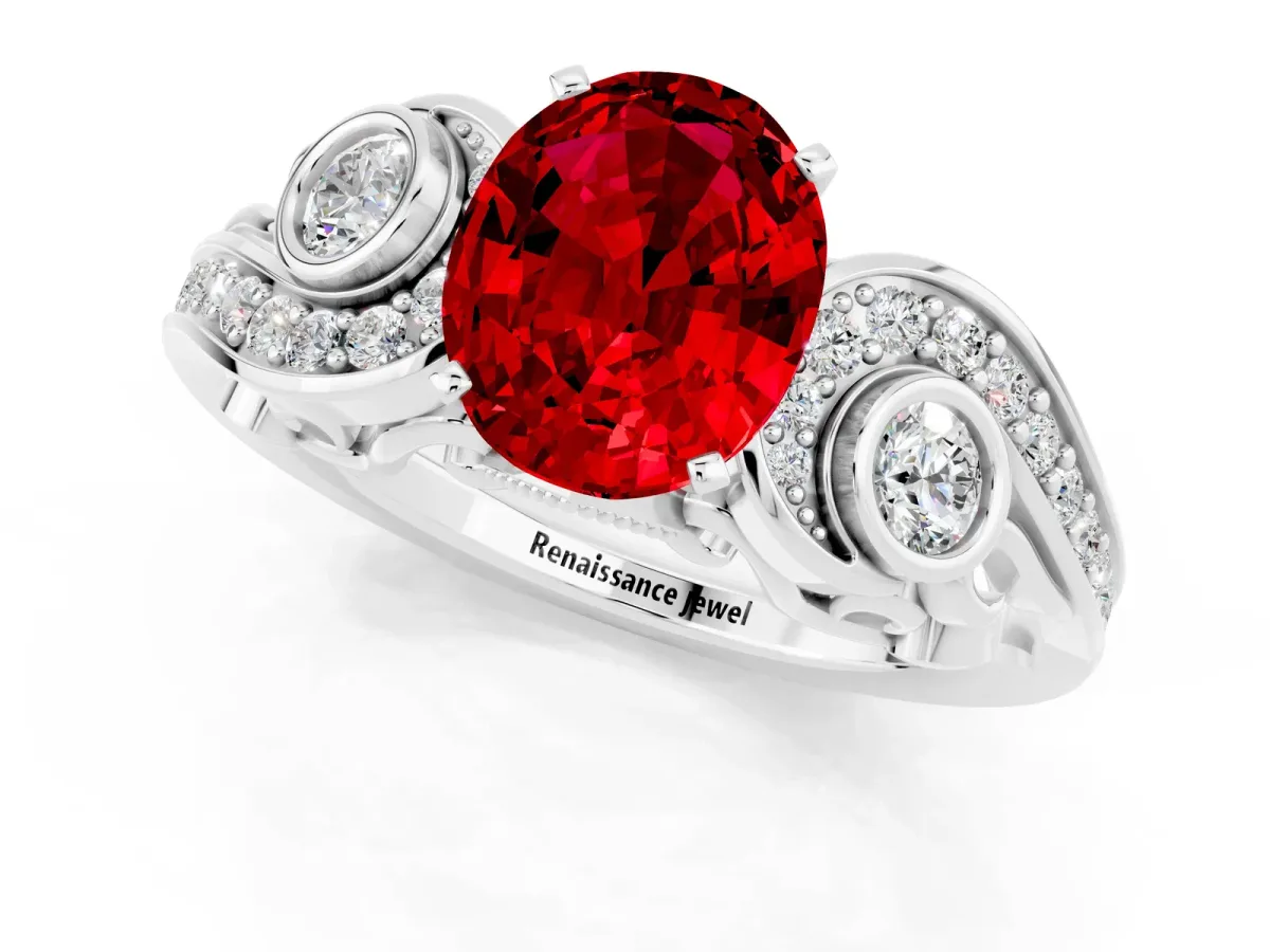 Oval Cut Ruby Solitaire Ring with Milgrain Pavé Band and Four-Prong Setting Platinum