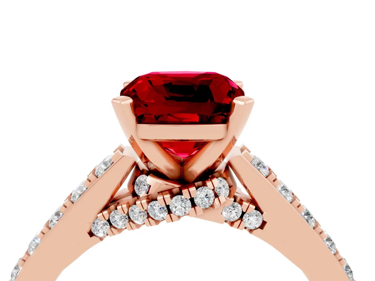 Cushion Cut Ruby Solitaire Ring with Crossover Gallery and Round Pavé Band Rose gold