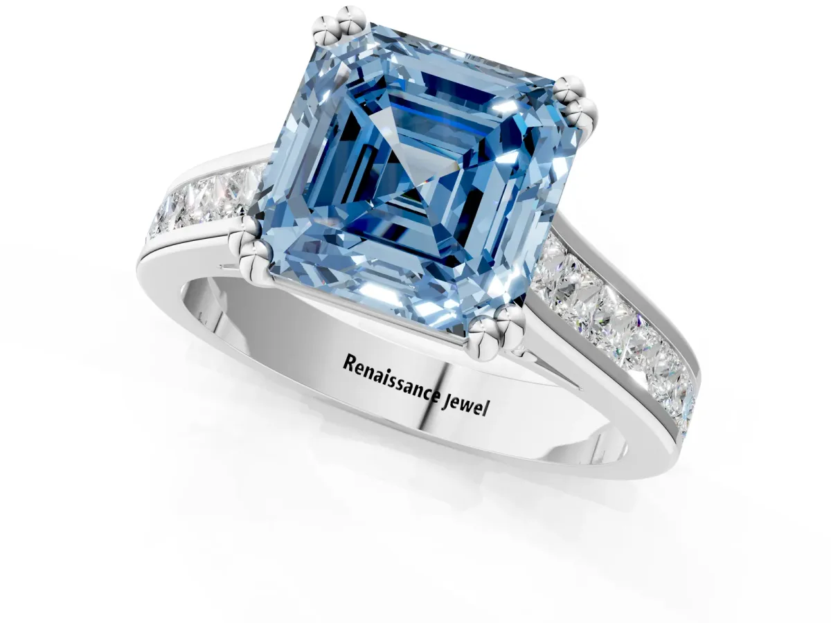 Fancy Blue Asscher Cut Cut Channel Set Solitaire Engagement Ring with Prong Setting Platinum