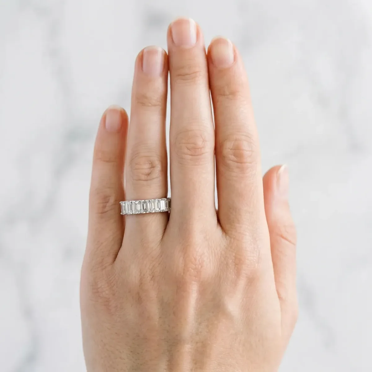 Emerald Cut Diamond Prong-Set Half Eternity Band Silver