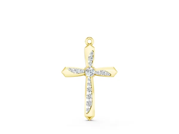 Gold Cross Pendant with Round Cut Stones and Prong Setting Yellow gold