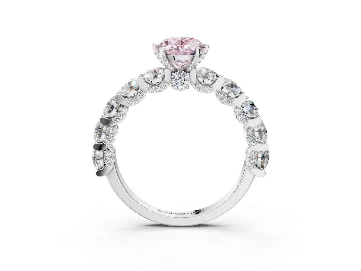 Fancy Pink Oval Cut Diamond Side Stone Engagement Ring with Four-Prong Setting Silver