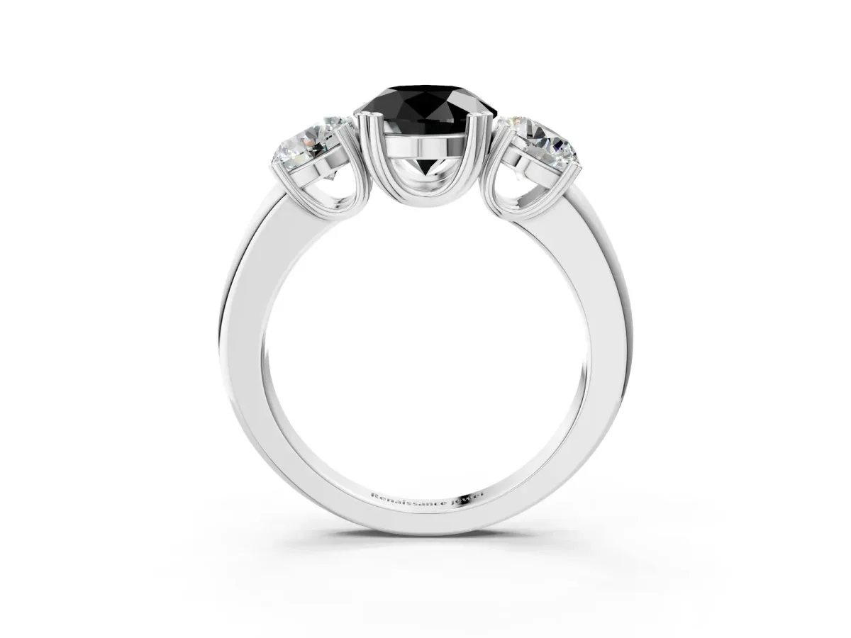 Fancy Black Three-Stone Round Cut Cut Diamond Ring with Channel Set Band and Four-Prong Setting Silver
