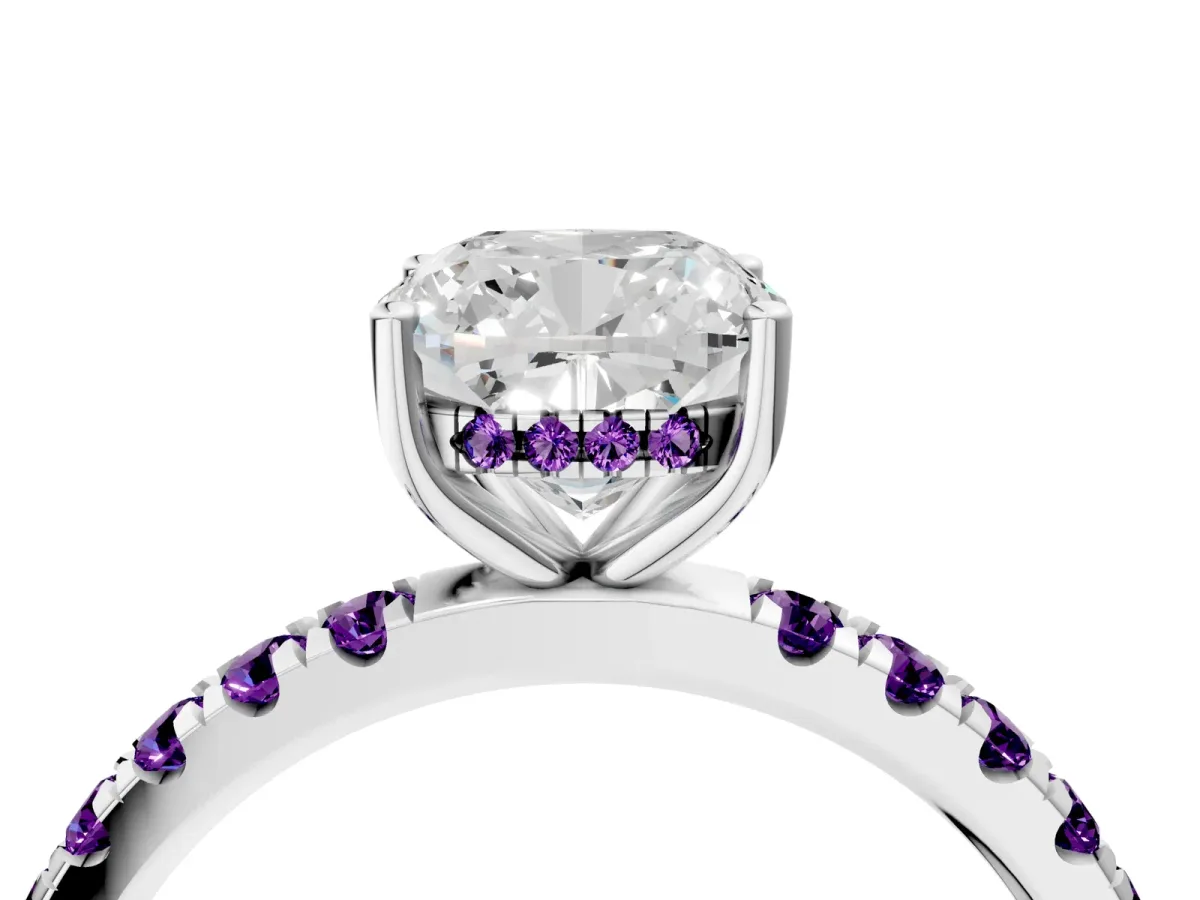 Cushion Cut Diamond Pave Band Solitaire Ring with Round Amethyst and Prong Setting Silver