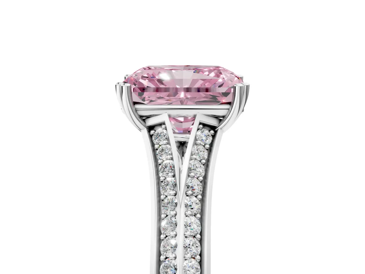 Fancy Pink Radiant Cut Diamond Split Shank Engagement Ring with Pavé Band Platinum